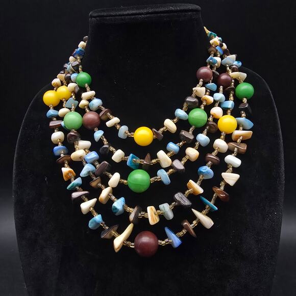 Vintage Colorful Japan Beaded Layered Necklace Multi Strand Shell Glass Plastic - Picture 6 of 9